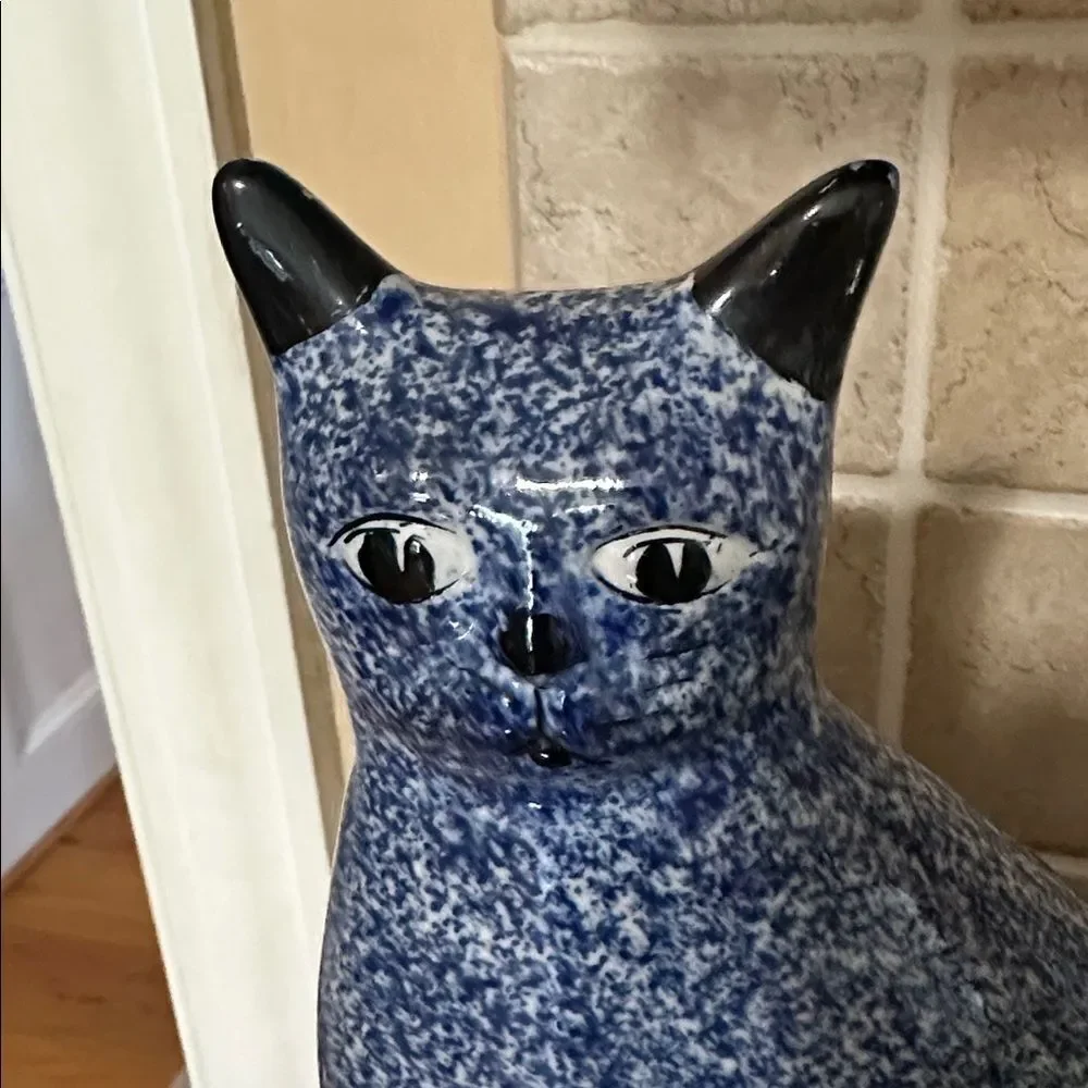 VTG Enesco Porcelain Blue Spongeware Speckled Kitty Cat Sculpture Figurine